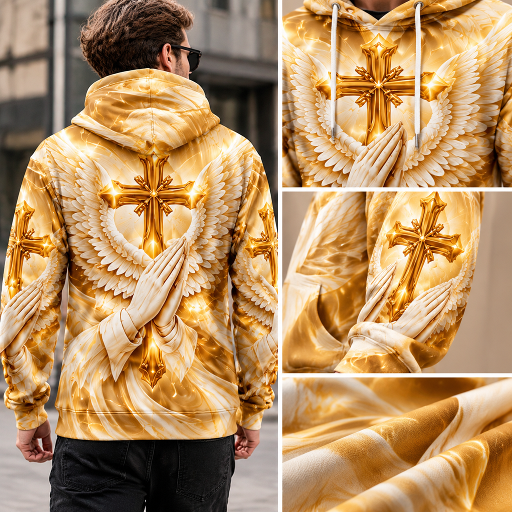 Men’s 3D Golden Cross Angel Wings Pullover Hoodie