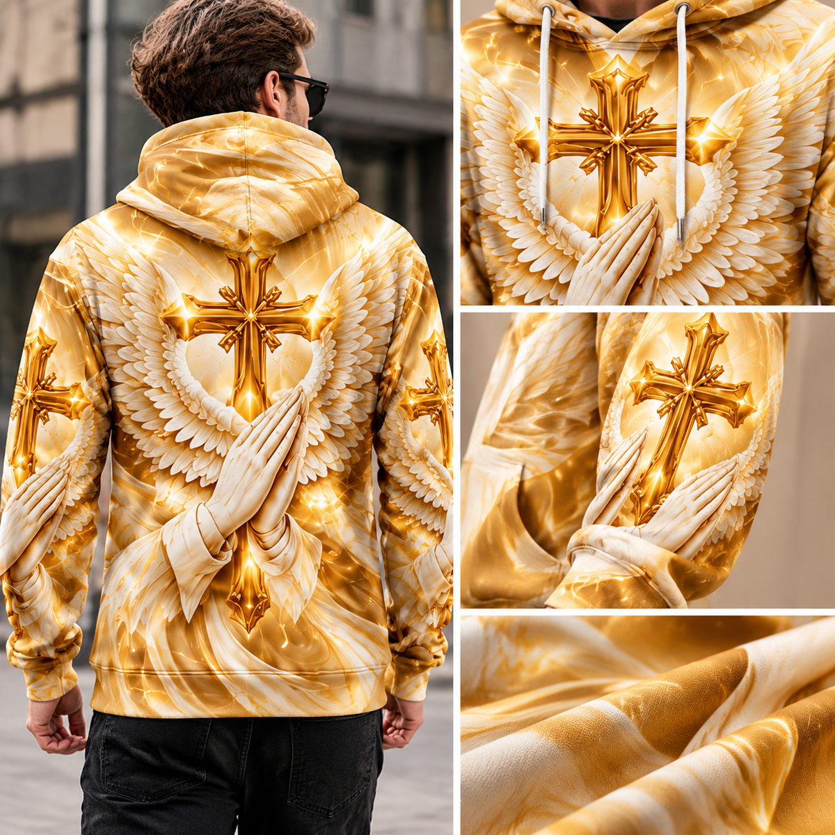 Men’s 3D Golden Cross Angel Wings Pullover Hoodie