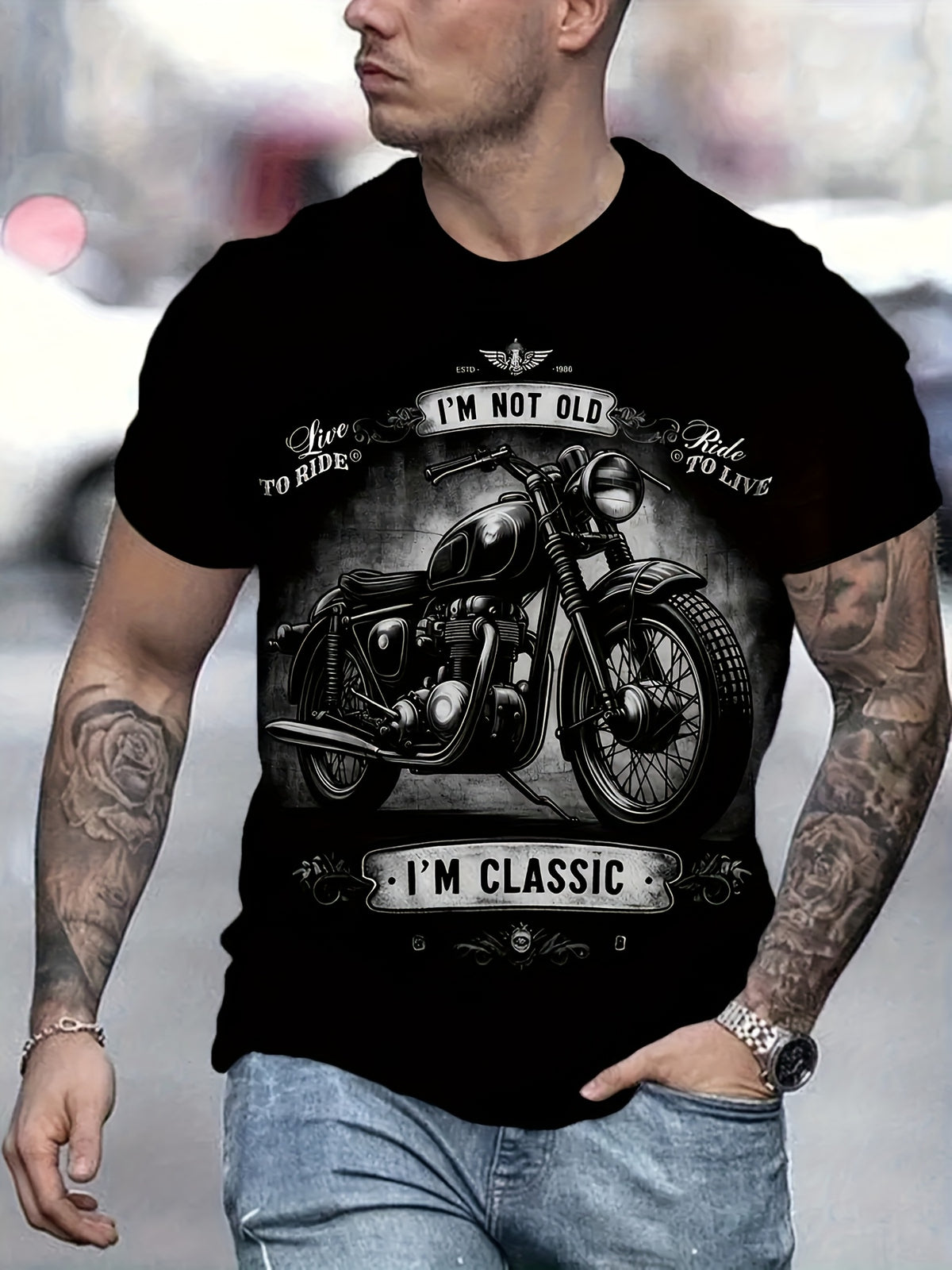 Men’s Vintage Motorcycle 3D Graphic Short Sleeve T-Shirt