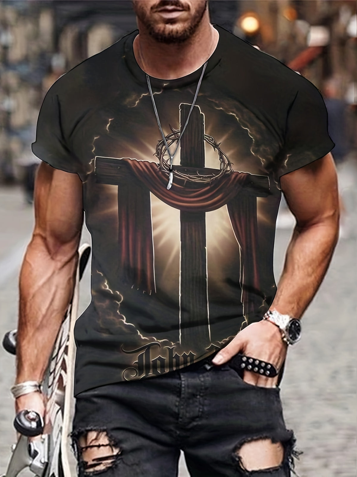 Men’s Cross and Jesus Graphic Short Sleeve T-Shirt