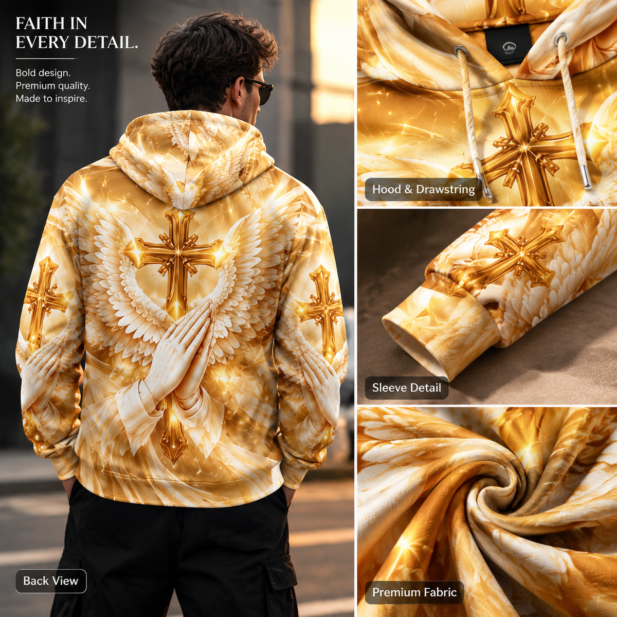 Men’s 3D Golden Cross Angel Wings Pullover Hoodie