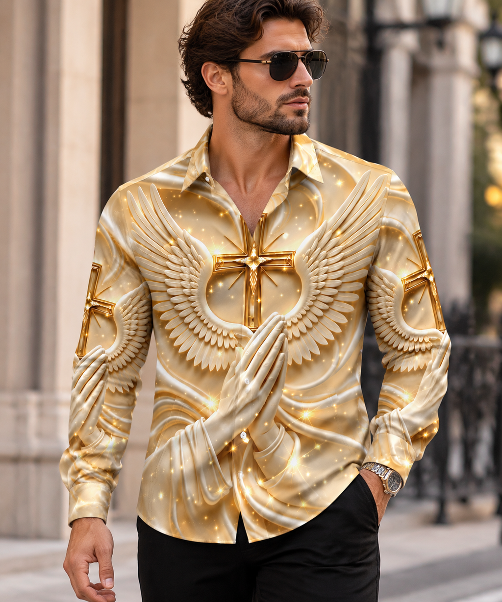 Men’s 3D Golden Cross Angel Wings Long Sleeve Shirt
