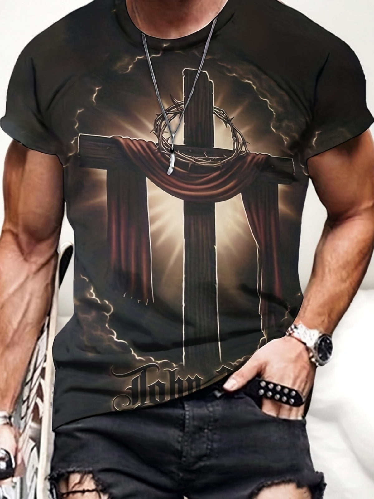 Men’s Cross and Jesus Graphic Short Sleeve T-Shirt - Black