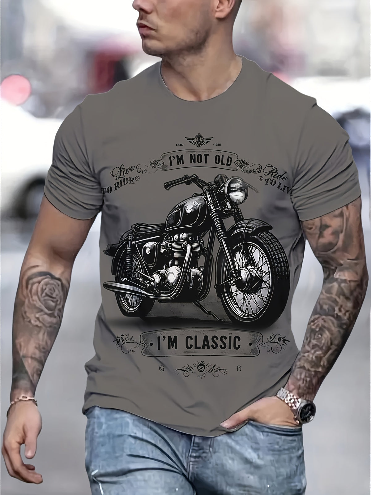 Men’s Vintage Motorcycle 3D Graphic Short Sleeve T-Shirt - Dark Gray