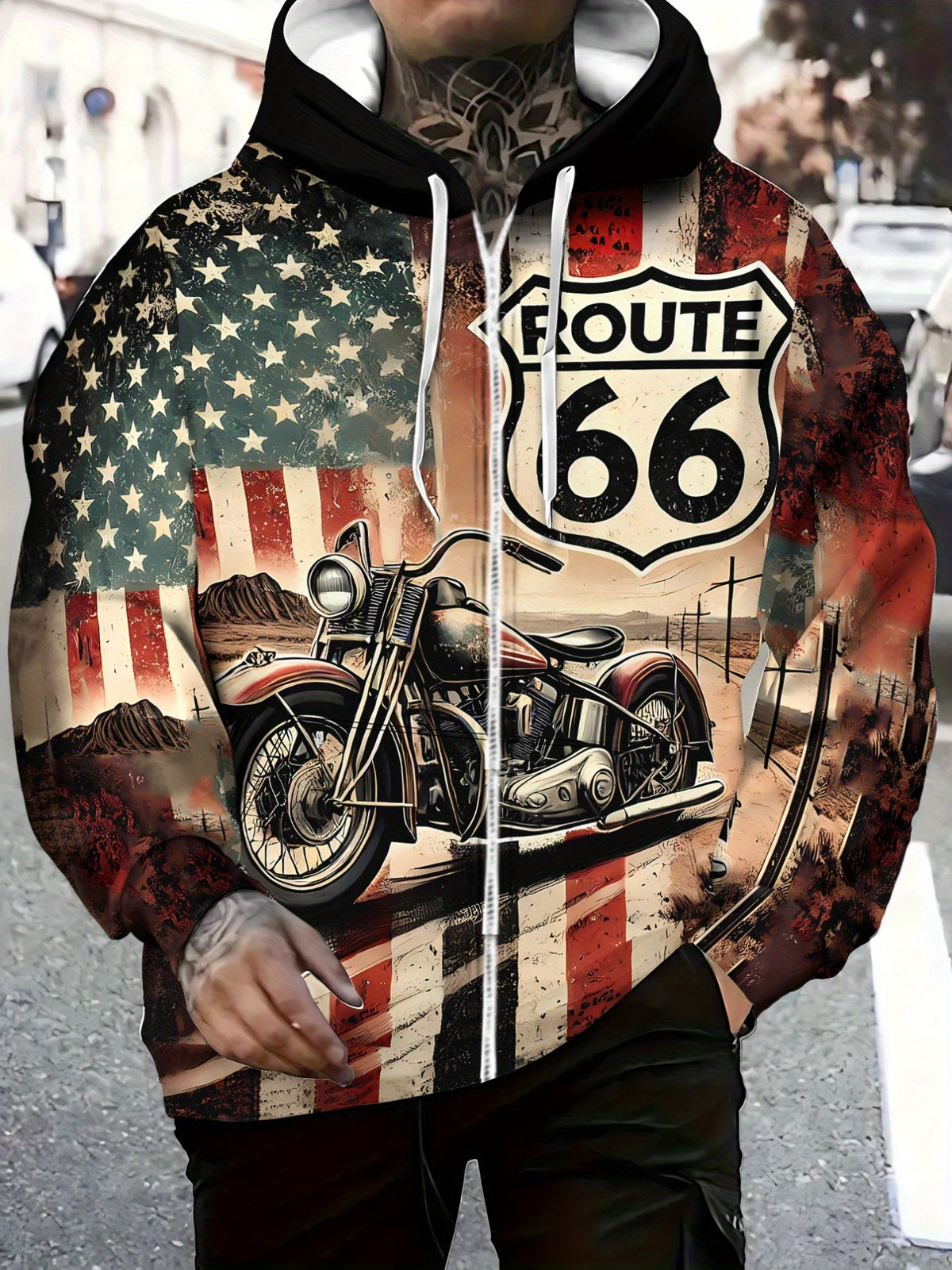 Men’s Vintage Motorcycle Graphic Zip-Up Hoodie - Printed Design