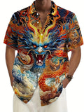 Men’s Vintage Dragon Print Button-Up Shirt - Gold
