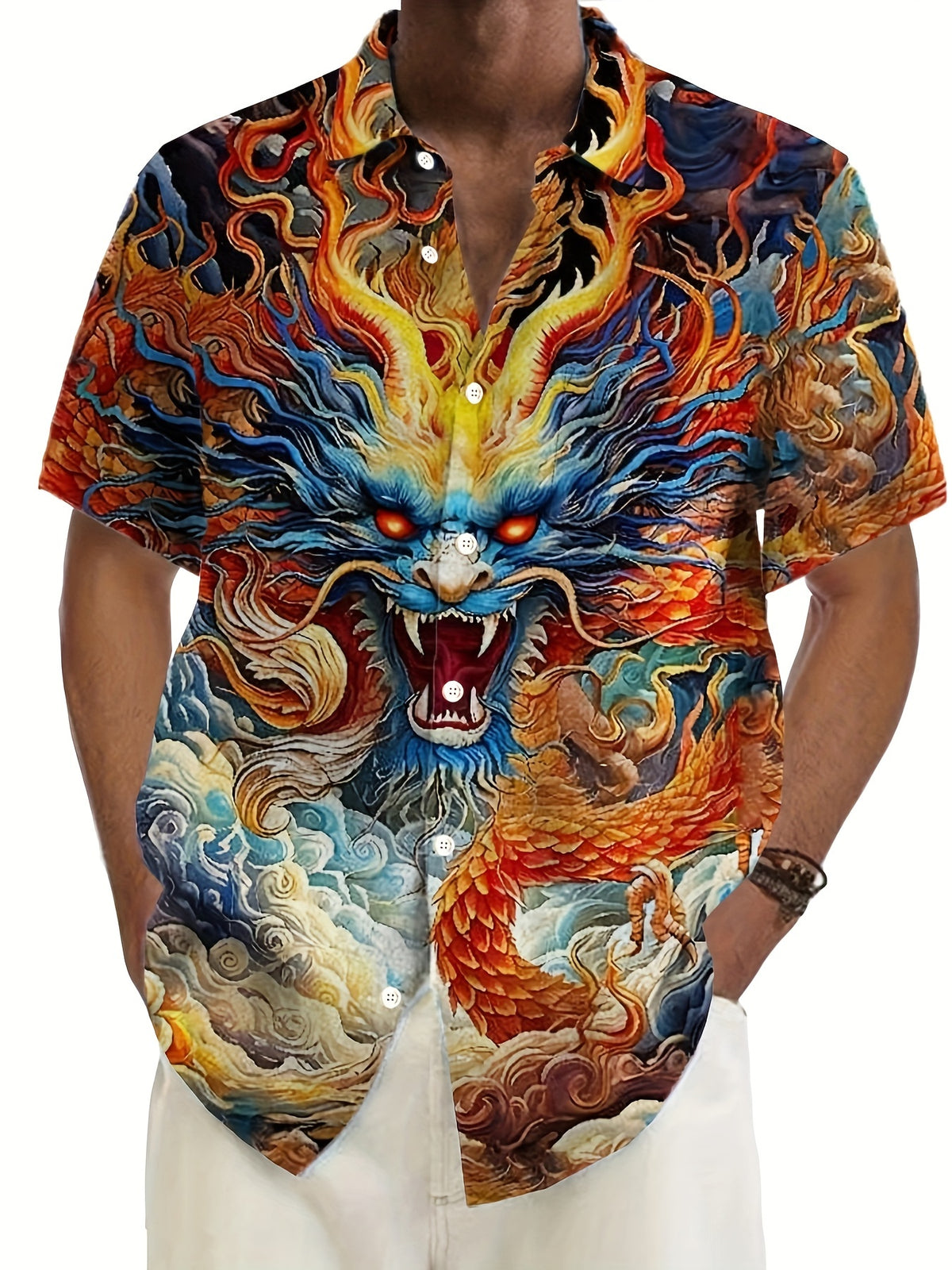 Men’s Vintage Dragon Print Button-Up Shirt - Gold