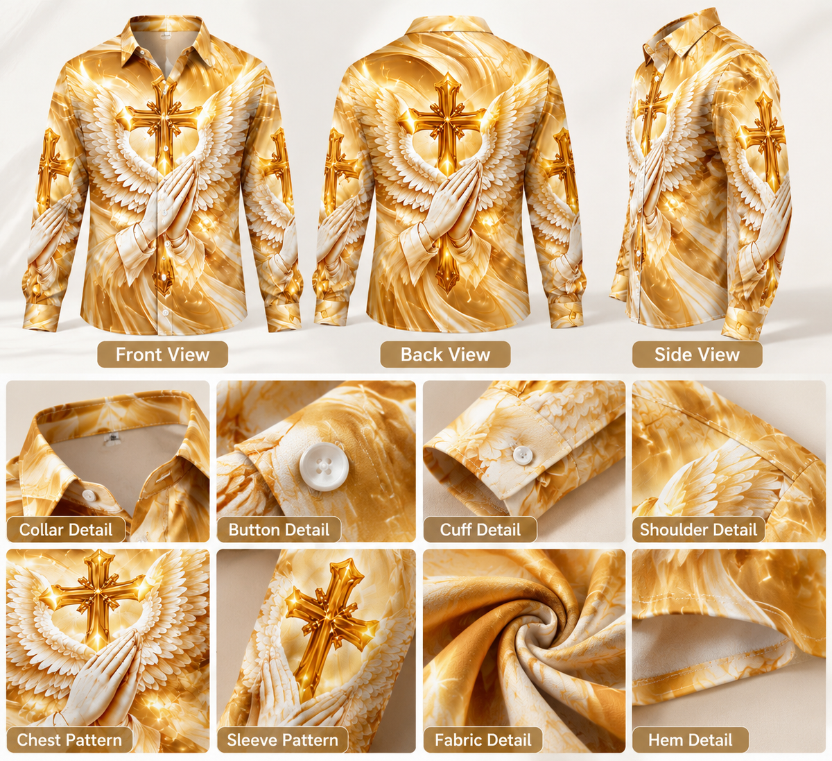 Men’s 3D Golden Cross Angel Wings Long Sleeve Shirt