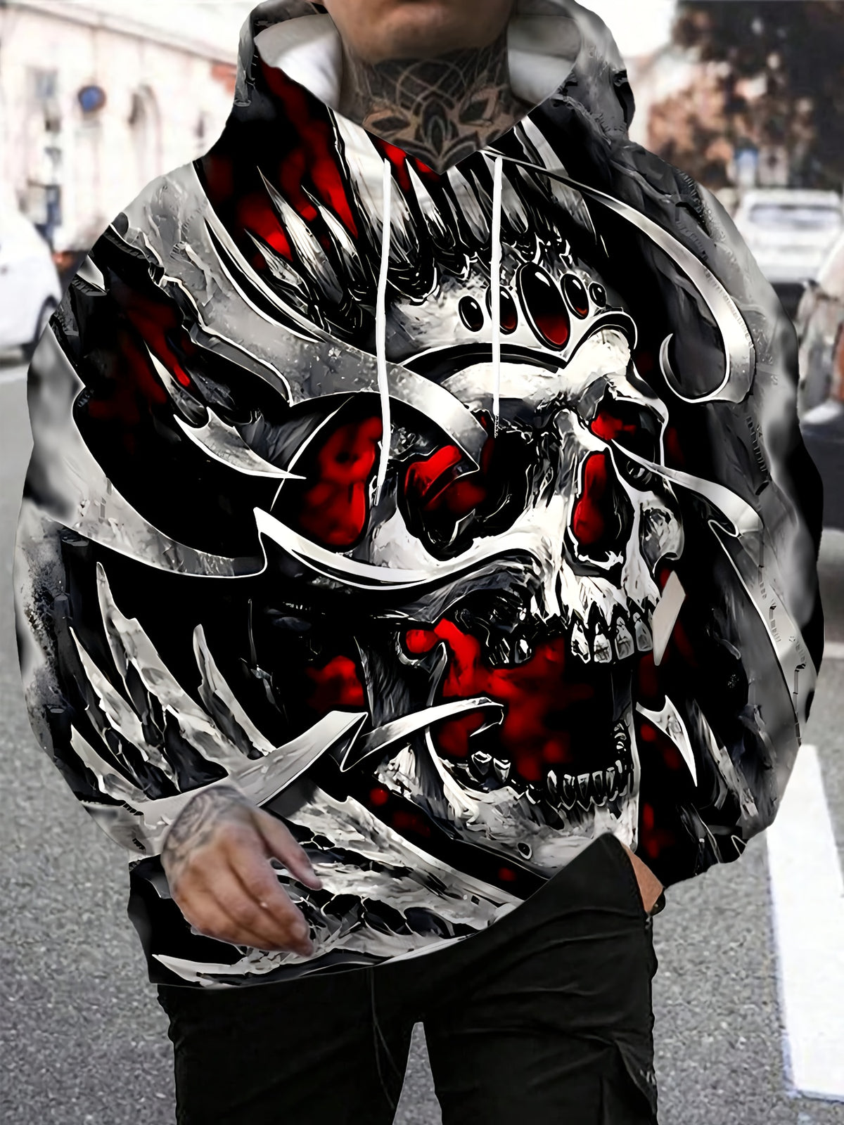 Men’s 3D Flame Skull Graphic Pullover Hoodie - Multicolor