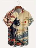Men’s Japanese Ukiyo-e Cat and Blossom Print Shirt - Mustard