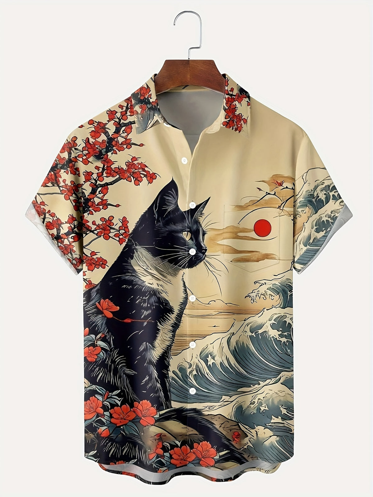 Men’s Japanese Ukiyo-e Cat and Blossom Print Shirt - Mustard