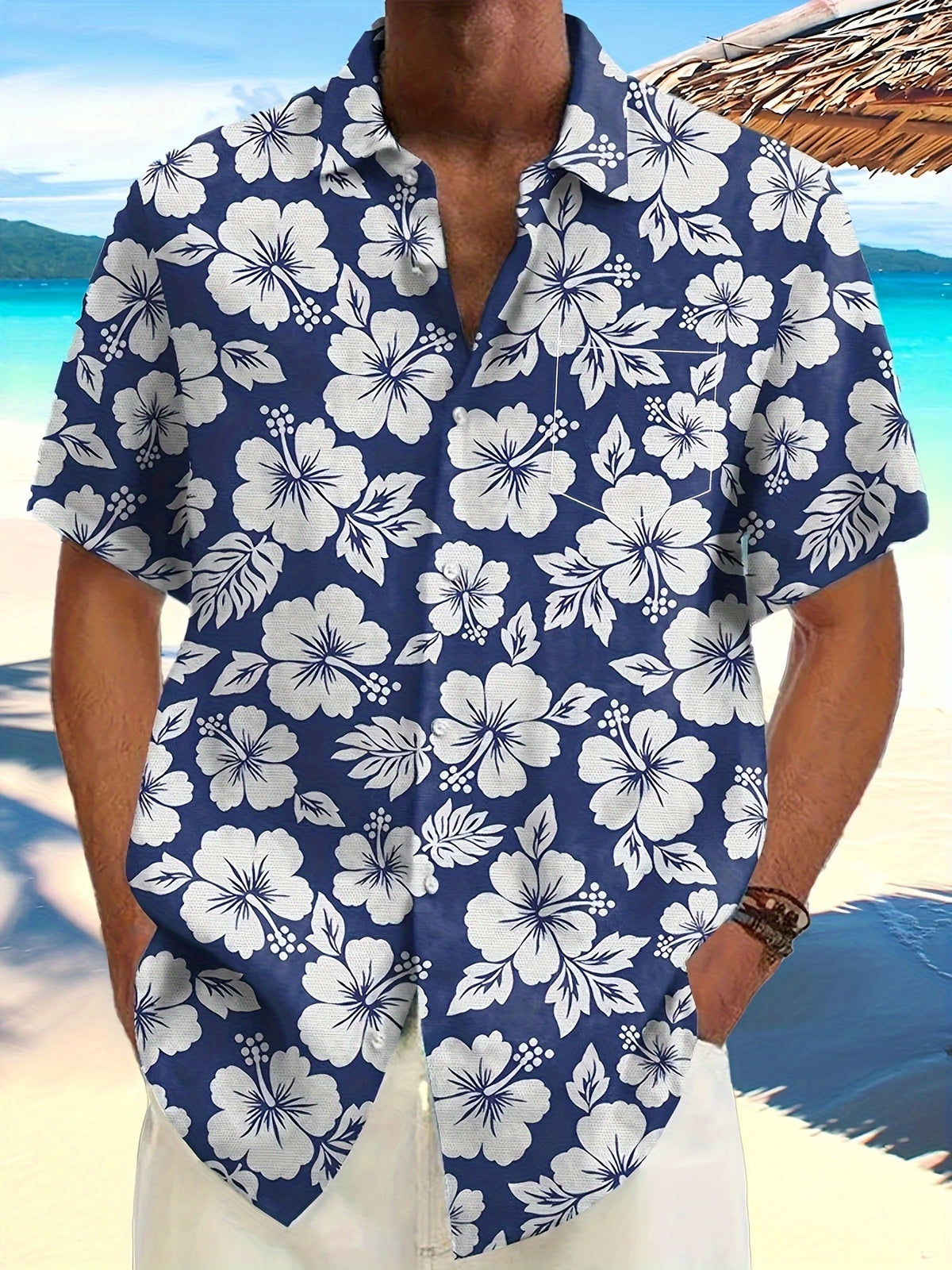 Men’s Plus Size Floral Hawaiian Short Sleeve Shirt - Blue