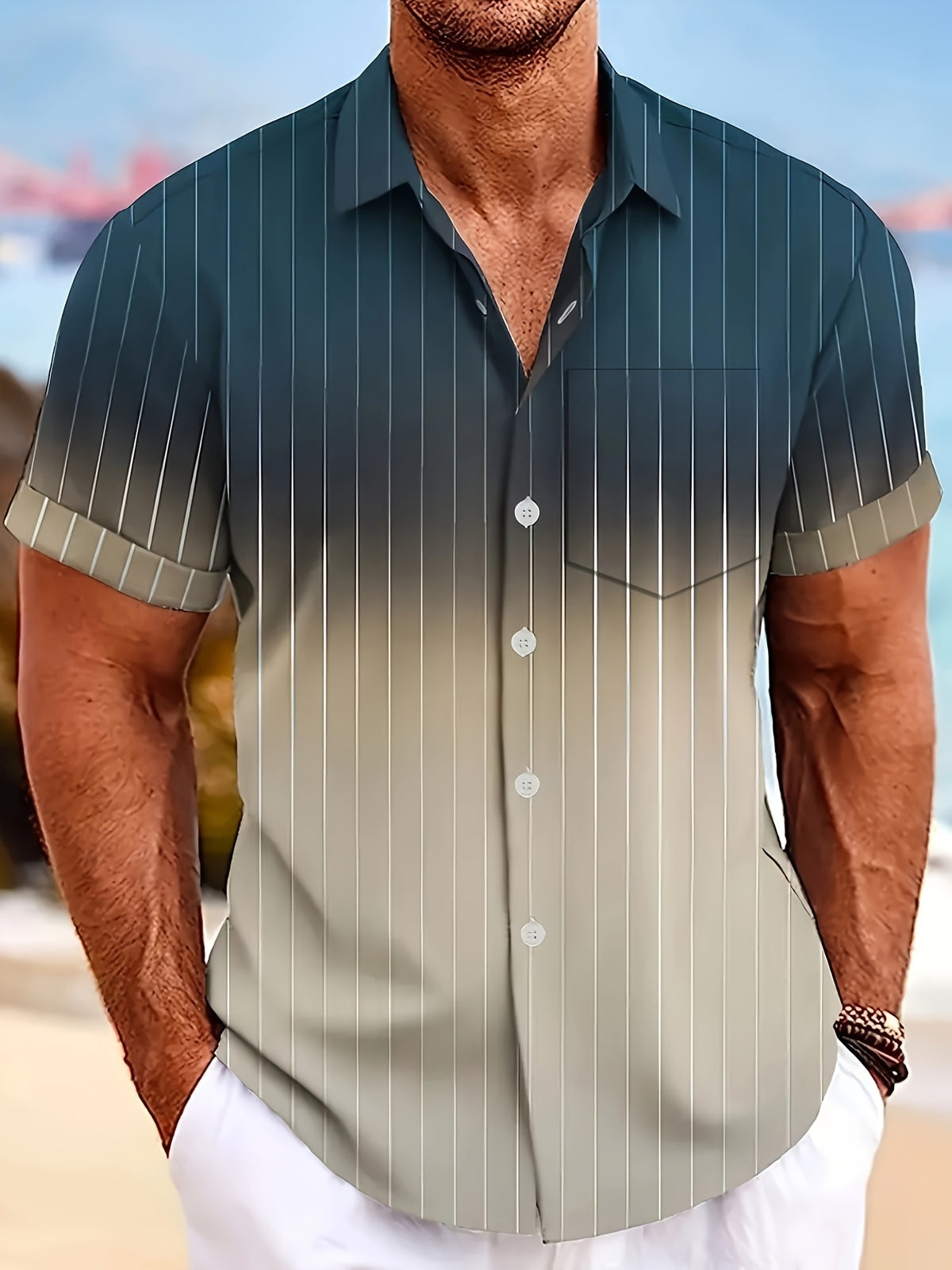 Men’s Gradient Stripe Hawaiian Short Sleeve Button-Up Shirt