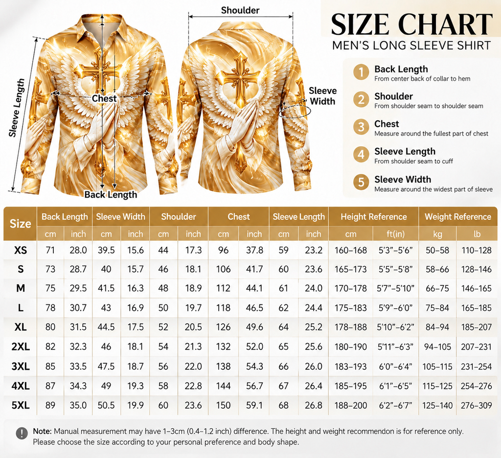 Men’s 3D Golden Cross Angel Wings Long Sleeve Shirt