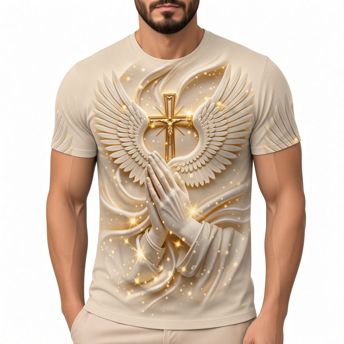 Men's 3D Cross Angel Wings Prayer Graphic Short Sleeve T‑Shirt