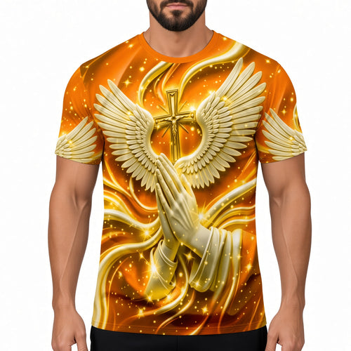 Men's 3D Cross Angel Wings Prayer Graphic Short Sleeve T‑Shirt