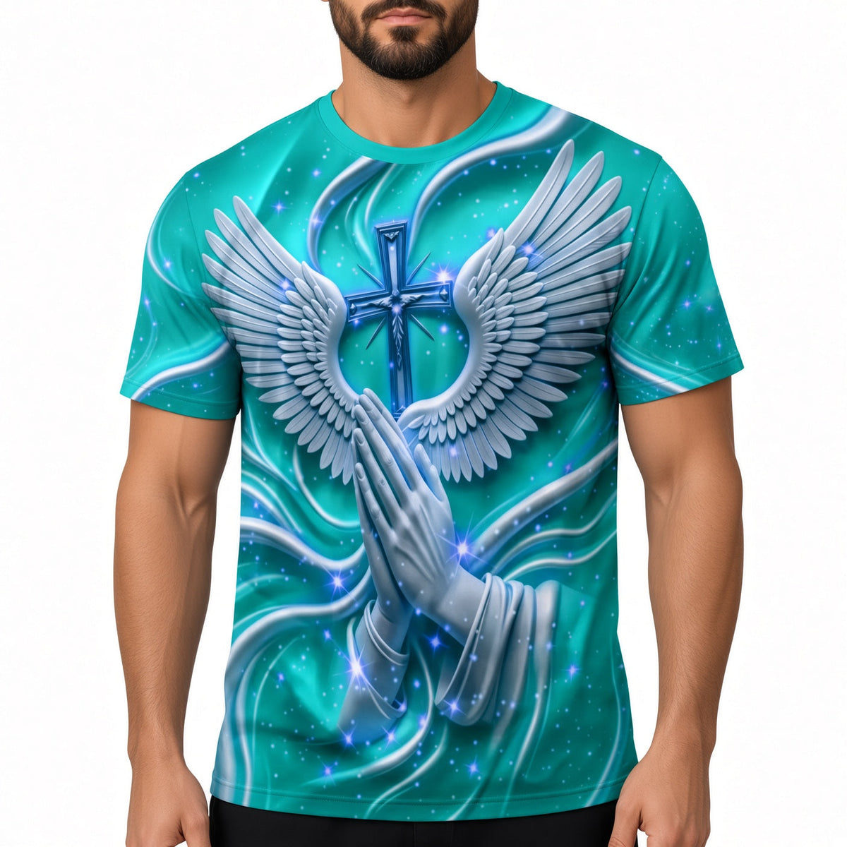 Men's 3D Cross Angel Wings Prayer Graphic Short Sleeve T‑Shirt
