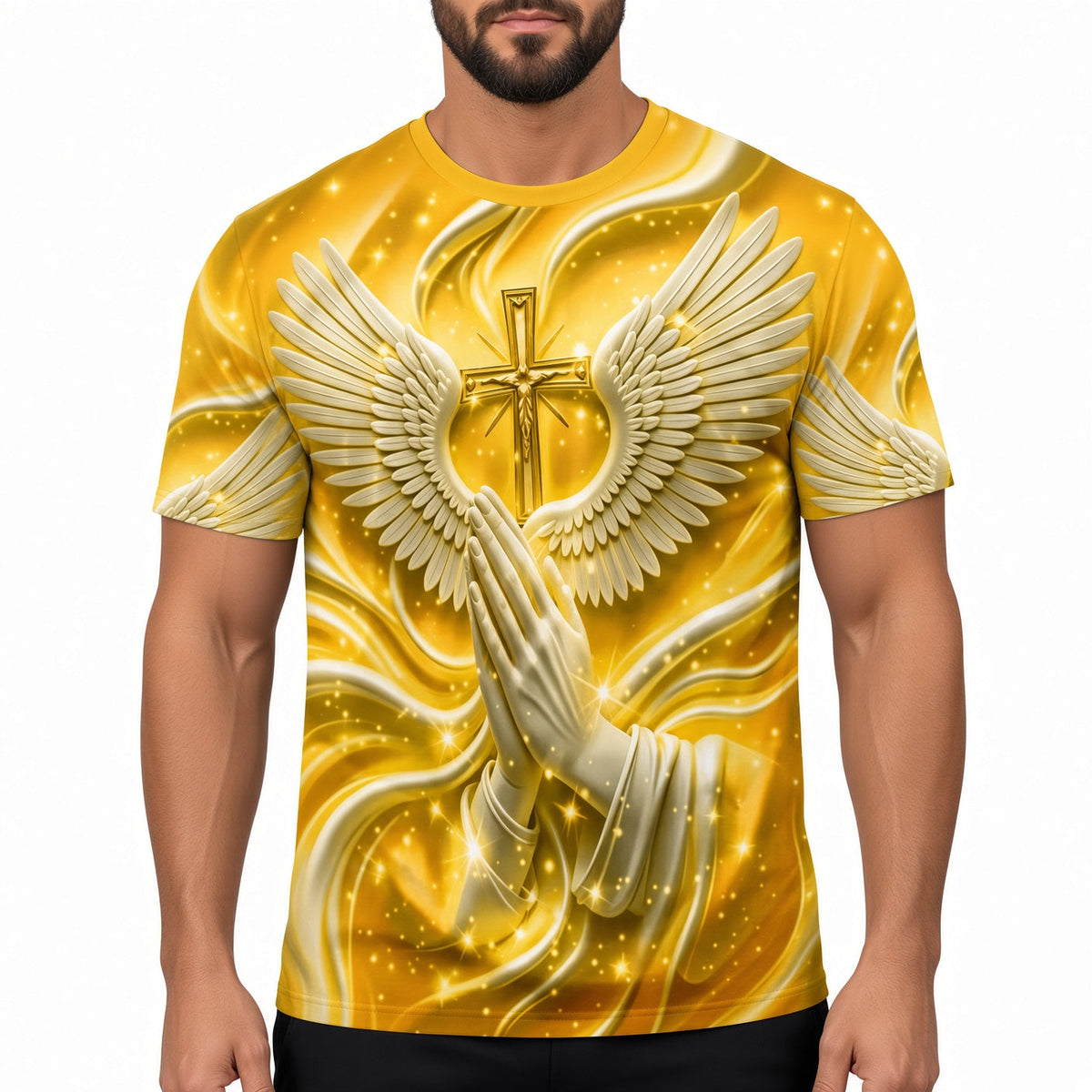 Men's 3D Cross Angel Wings Prayer Graphic Short Sleeve T‑Shirt