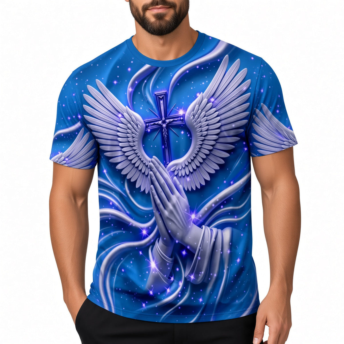 Men's 3D Cross Angel Wings Prayer Graphic Short Sleeve T‑Shirt