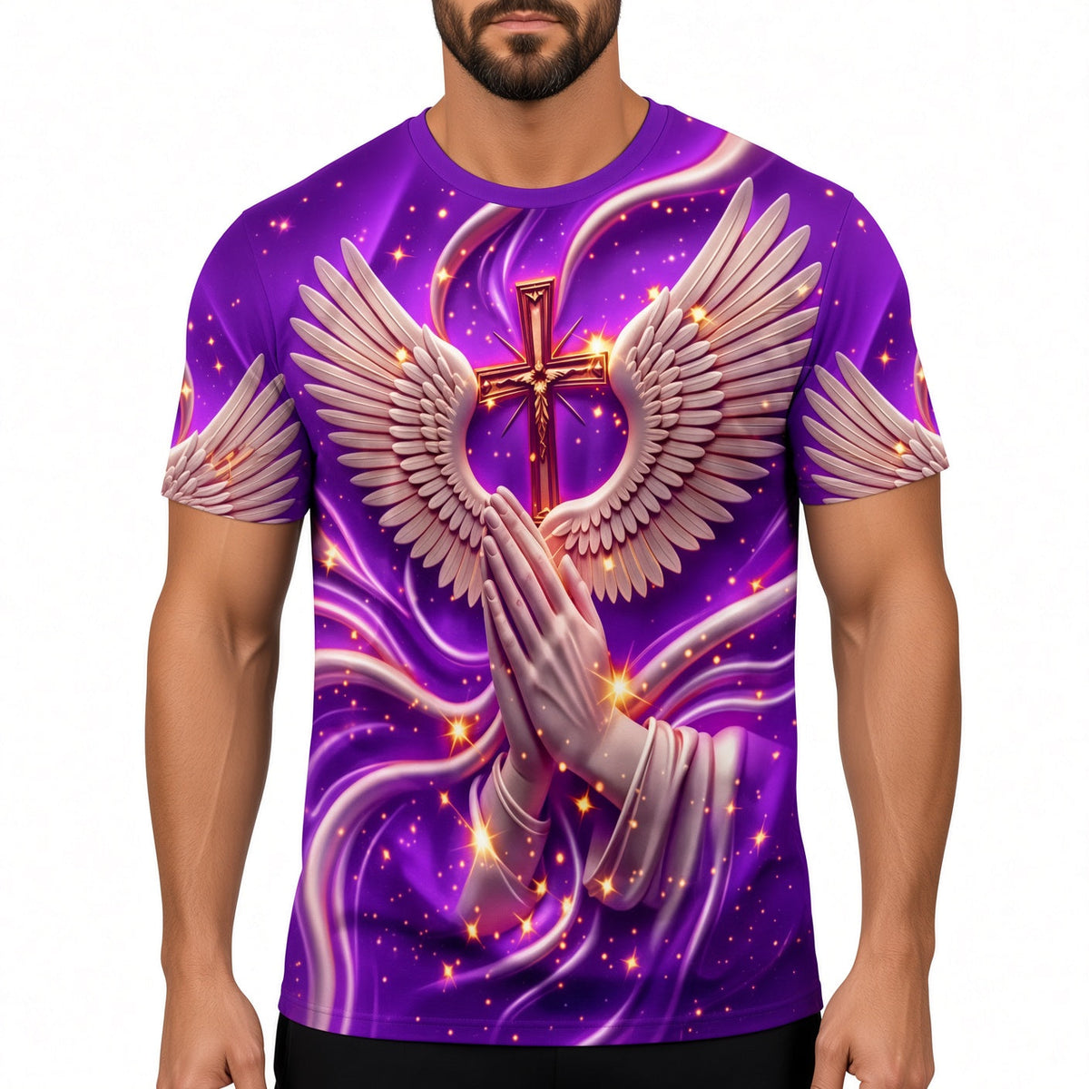 Men's 3D Cross Angel Wings Prayer Graphic Short Sleeve T‑Shirt