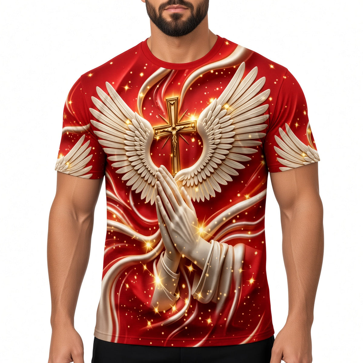 Men's 3D Cross Angel Wings Prayer Graphic Short Sleeve T‑Shirt